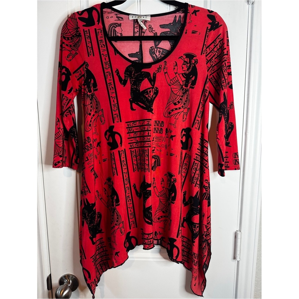 Avital Tunic Top Women Red Egyptian Hieroglyphic Anubis Asymmetrical Y2K